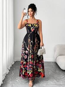 Elenzga Plus Size Women's Spaghetti Strap Dress, Elegant Lady Style Evening Gown, Waist Cinching, Slimming - Black - View 5