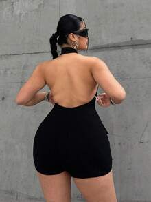 POPSWAY 时尚高领拉链前开无袖弹力短款连体衣 - 黑色 - 查看 2