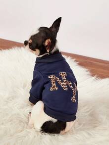 PETSIN 1件豹纹纽约字母印花宠物黑色休闲风秋冬加厚保暖宠物服装 - 黑色 - 查看 8