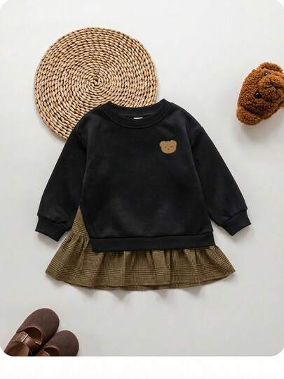 SHEIN 女婴可爱撞色长袖连衣裙，秋冬款