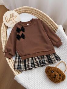 SHEIN 女婴可爱撞色长袖连衣裙，秋冬款 - 彩色 - 查看 3