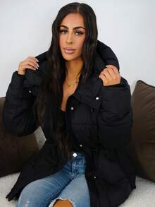 SAYEHFBABY 时尚休闲可调节腰部绗缝连帽加厚棉服外套冬季 - 黑色 - 查看 5