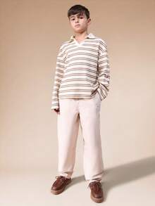 SUMWON Boys Textured Striped Polo And Chino Pant Coordinated Set Long Sleeve Collar Tween Casual Outfit Vacation - Beige - View 6