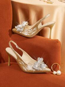 CUCCOO TILAWA Scarpe eleganti da donna con punta affusolata, decorazione con fiocco e strass, tacco alto - Dorato - Visualizzare 2