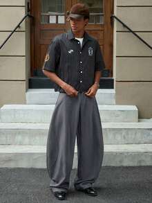 SWAVVY 男士休闲纯色阔腿裤，百搭商务装 - 深灰色 - 查看 2