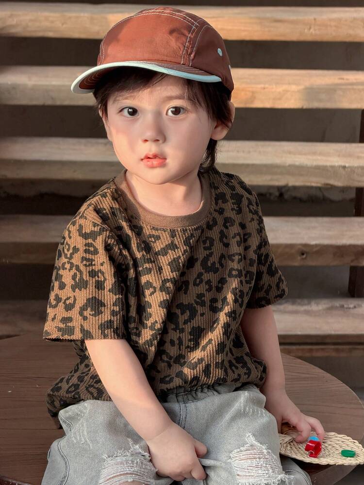 Toddler Boys' Casual Leopard Print Round Neck Short Sleeve Top, Summer