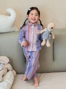 DAZY 2件套幼儿女童休闲圆领T恤和条纹裤舒适睡衣 - 彩色 - 查看 2