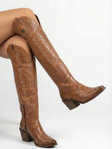 Botas Vaqueras Western Botas de caña alta con estoperoles Botas de Mujer con Tacón Ancho y Punta Fina Diseño Vaquero Liso Cierre Lateral Botas de Caña Alta con Tacón Estable Botas altas, botas a la rodilla, caña alta, tacón ancho, tacón de bloque, tacón grueso, punta fina, cierre lateral, cremallera Minimalista, cowboy, elegante, clásico, retro, vintage moderno, casual, formal, old money, Fiestas Regalos Reuniones Festivales chic Willows - Marrón - Ver 1