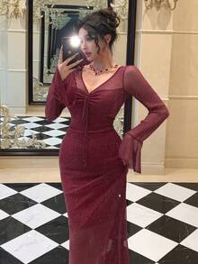 DAZY Spring/Summer Elegant Slim Fit Commuter Midi Dress With Sheer Mesh Ruffle Trim & Bell Sleeves, Suitable For Wedding, Valentine's Day - Burgundy - View 1