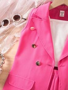 SHEIN 三件套：少女粉色西装外套、针织吊带背心、珍珠装饰短裤，休闲优雅夏季套装 - 玫紅色 - 查看 4