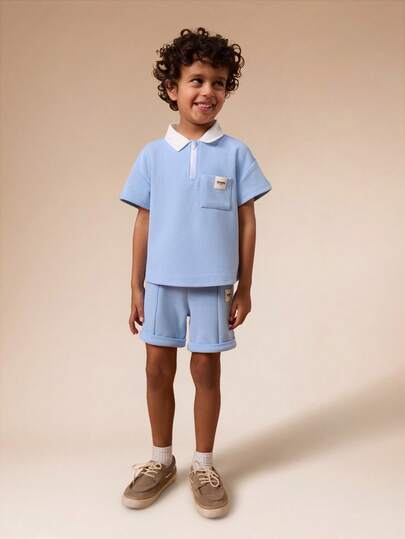 SUMWON Boys Collared Polo Shirt And Matching Shorts Set With Chest Pocket And Half Zip Placket Summer Casual Coordinated Outfit For Kids