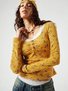 SoleilVie 女士新款波西米亚风蕾丝圆领碎花修身长袖上衣，适合购物、旅行和休闲穿着。女士可爱上衣，乡村风女装上衣，S码女式牛仔上衣。 - 黃色 - 查看 5