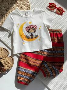 SHEIN Set de 2 piezas de camiseta de manga corta blanca con estampado lindo de niño y pantalones de linterna a rayas retro para bebé niño, patrón floral tradicional casual y versátil, adecuado para primavera/verano, festivales y celebraciones - Burdeos - Ver 3