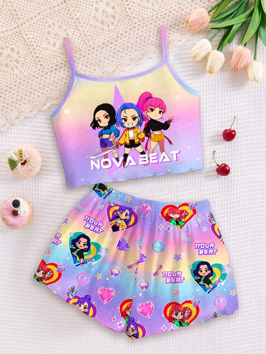 2pcs/Set Colorful K-Pop Girl Group Letter & Star Print Outfit, KPOP Style Graphic Tee, Cartoon Character Print, Ombre Tie-Dye, Kpop Fan Gift, Music, Fashion Girls Children Clothing, Siblings Matching, Camisole & Shorts Pajamas Set For Summer, Cartoon Design, Pink, Blossom Vogue, Fall New Style, Affordable Fashion - Multicolor - View 1