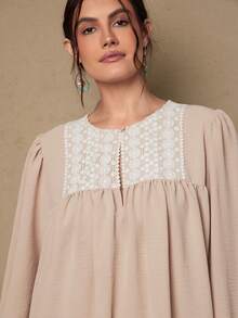 SHEIN VCAY Plus Size Women's Contrast Lace Lantern Sleeve Pleated Fashion Blouse Boho Valentines Lace - Khaki - View 2