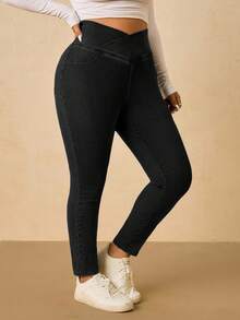 SHEIN Tall CURVE 大码纯色休闲弹力牛仔裤 - 黑色 - 查看 7