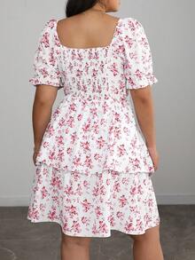 Elenzga 大码女式法式优雅夏季蓝白碎花双层荷叶边短袖连衣裙 - 紅白色 - 查看 2