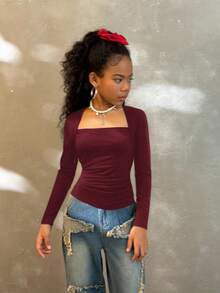 SHEIN Tween Girls Fall Fashionable Snug Fit T-Shirt With Raglan Sleeves, U-Neck, Ruched Waist, Stretchy - Burgundy - View 6