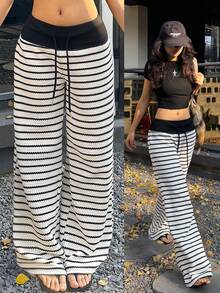 Coolane Women's Spring/Summer Boho Casual Chic Vacation Outfits Old Money Striped Cable-Knit Comfortable Black And White Loose Straight Pants - Black and White - View 1