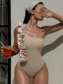 Swim Vcay 1pc Women's Solid Color Khaki One-Piece Swimsuit With Ruffled Floral Contrast Color Trim And Sash, Suitable For Beach & Vacation - Khaki - View 1