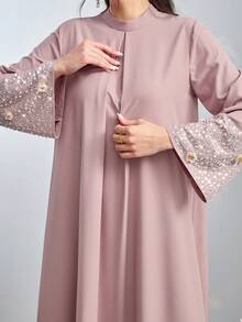 Al Najma 女士立领插肩喇叭袖宽松土耳其长款连衣裙，阿拉伯传统风格 - 粉色 - 查看 7