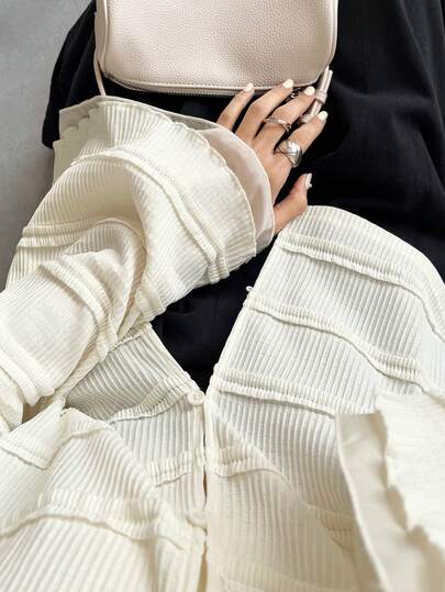 FRIFUL Women's Solid Color Textured Fabric Loose Casual Versatile Button-Up Shirt, Autumn/Winter