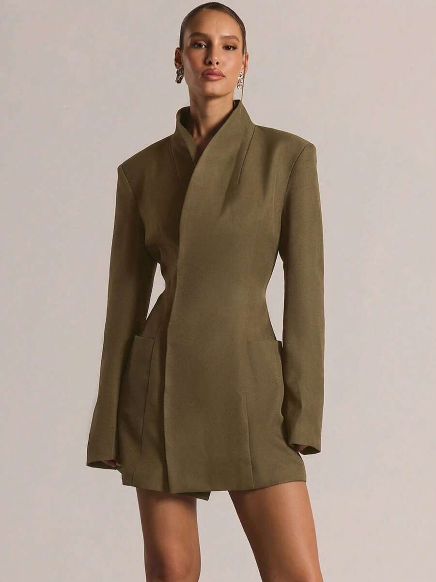 MUSERA 修身收腰漏斗领长袖西装裙，休闲外出日常性感可爱舒适派对优雅别致情人节婚礼宾客毕业舞会 - 橄欖綠 - 查看 1