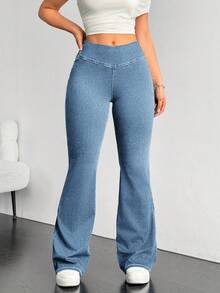 Flexra Plus Size Solid Color Casual Elastic Jeans Flared Leggings For Women Stretchy Jeans Pants Flare Leg Flared Sweatpants - Blue - View 4