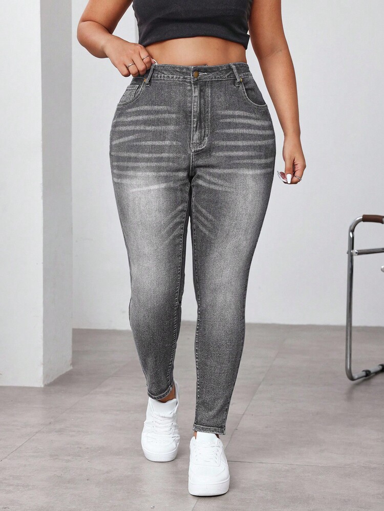 Plus Size Distressed Washed Slim Fit Jeans Women High Waist Jeans Grey Skinny Jeans Jeans Skinny Jeans Curve - Blue - View 4