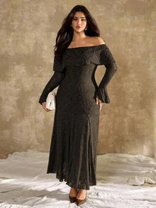 Roveilla 大码女式法式休闲牡丹花卉露肩鱼尾连衣裙 - 咖啡棕 - 查看 4