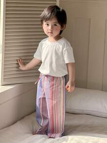 DAZY 2pcs/Set Toddler Boys' Casual Round Neck T-Shirt And Striped Pants Comfortable Pajamas - White - View 6