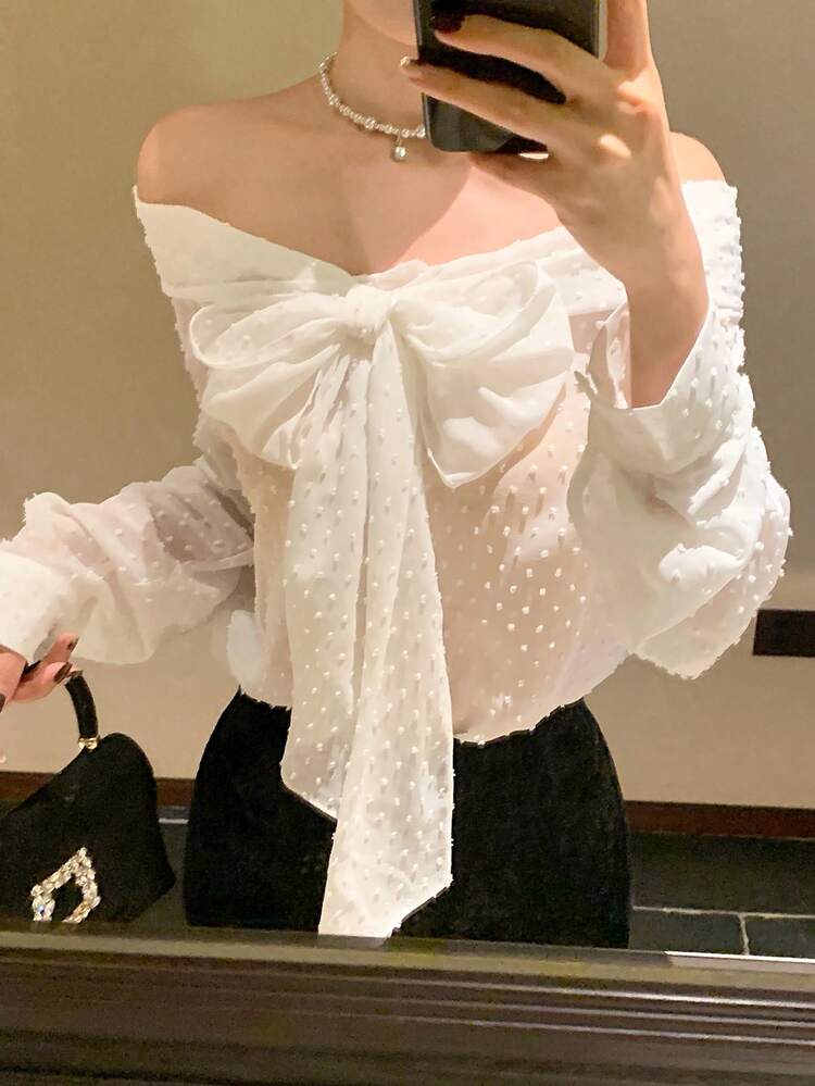 Textured Polka Dot Off-Shoulder Bow Tie Long Sleeve Elegant Resort Blouse For Women, Spring/Autumn