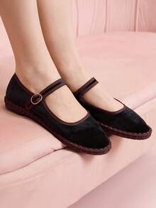 CUCCOO DOLLMOD Women's Black Elegant Velvet Classic Comfortable Mary Jane Flat Shoes Spring Shoes - Black - View 5