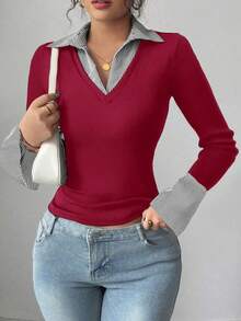 SHEIN Raffinéa 条纹印花撞色女式简约V领Polo衫弹力修身打底衫，适合休闲、俱乐部、商务休闲、音乐会、办公室等场合，尽显老钱风范。罗纹针织面料，高弹力，超柔软舒适，亲肤贴身，修身剪裁，休闲日常性感派对街头度假旅行约会，春夏秋冬新款钟形长袖T恤，蓝绿色女式长袖上衣，商务休闲秋季上衣。 - 紅色 - 查看 3