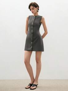 ATUI Studio Women's Elegant Summer Office Mini Dress,Gold Button Front Modest Old Money Style,Business Casual Gray Formal Wedding Guest Outfits For Fall Clothes - Dark Grey - View 1