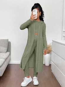 SHEIN 3pcs/Set Tween Girls Long Jacket + Vest + Leggings, Casual Versatile Fashion Outfit - Army Green - View 5