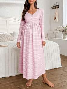 SHEIN 条纹印花纽扣V领长袖休闲孕妇连衣裙/睡裙