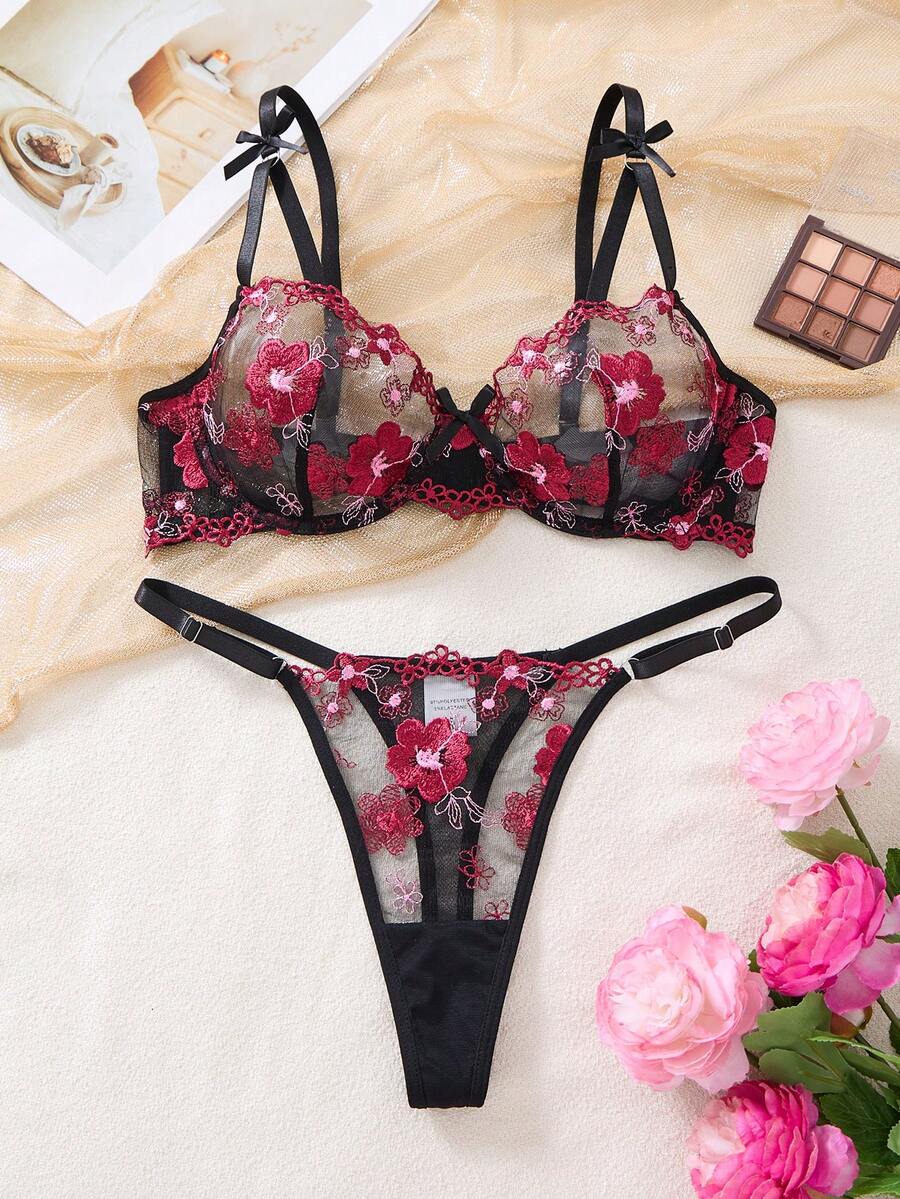 2件套女士花卉刺绣薄纱钢圈文胸内裤套装，浪漫内衣，黑色 - 黑色 - 查看 1