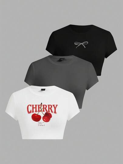 SHEIN EZwear 3pcs/Set Bow Tie & Cherry Print Crew Neck Short Sleeve Fitted Cropped Women T-Shirts, Suitable For Summer,Graphic Tees