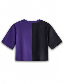 Y2Kool Maria Clara Maia Damen Neujahrseditionen Schwarz & Lila Valentinstag Engel Amor Buchstaben Muster Rundhals Colorblocking Kurzarm Crop Top Lässig T-Shirt Y2K Karneval - Violett - Übersicht 3