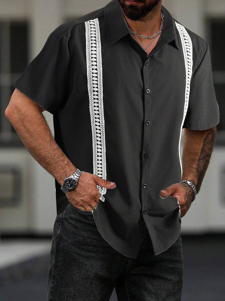 Manfinity Homme Plus Size Men's Summer Casual Patchwork Tape Front Button Short Sleeve Shirt - Black - View 1