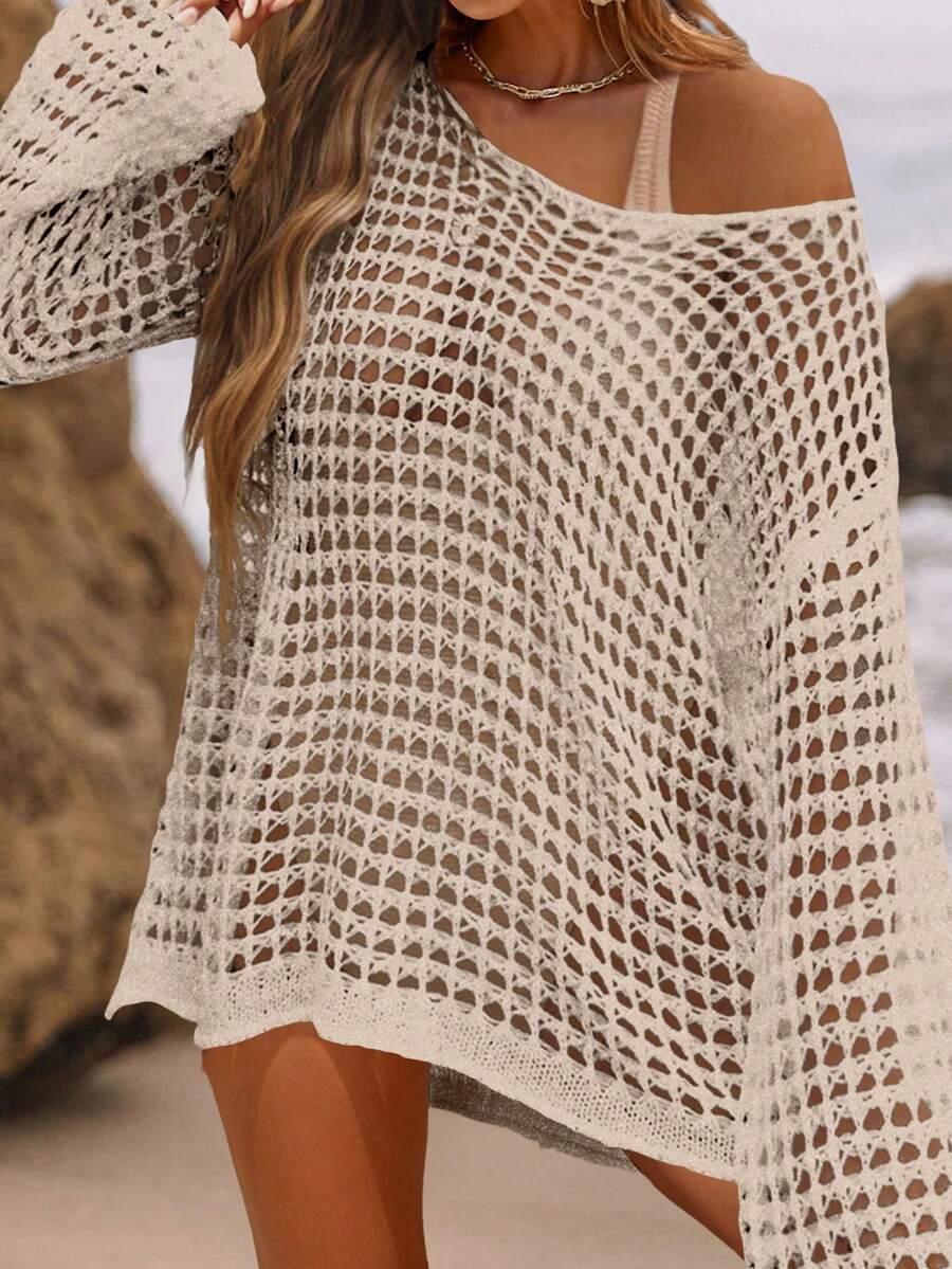 EMERY ROSE Summer Holiday Beach Leisure Loose Knitted Cover-Up Hollow-Out Summer Sweater - Khaki - View 1