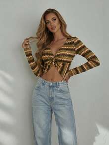 Glamine Multicolor Casual Striped Long Sleeve Deep V Neck Asymmetrical Twist Front Cropped T-Shirt - Multicolor - View 8