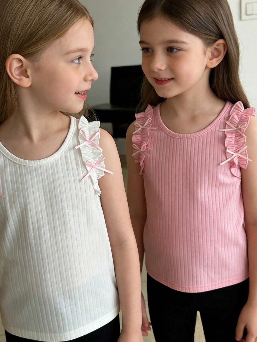 SHEIN 3 Stücke Mode-Camisoles für Kleine Mädchen in Pink, Blau und Weiß mit Elastikband, geeignet für Lässig, Urlaub, Sommer - Verschiedenfarbig - Übersicht 1