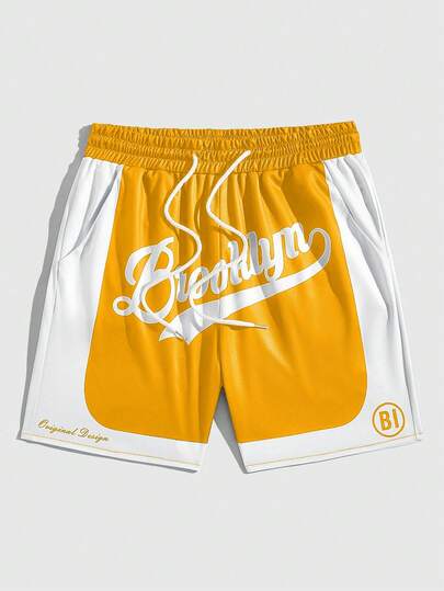 Prep Pantalones cortos de hombre con parches de color contrastante e impresión de letras, adecuados para el verano