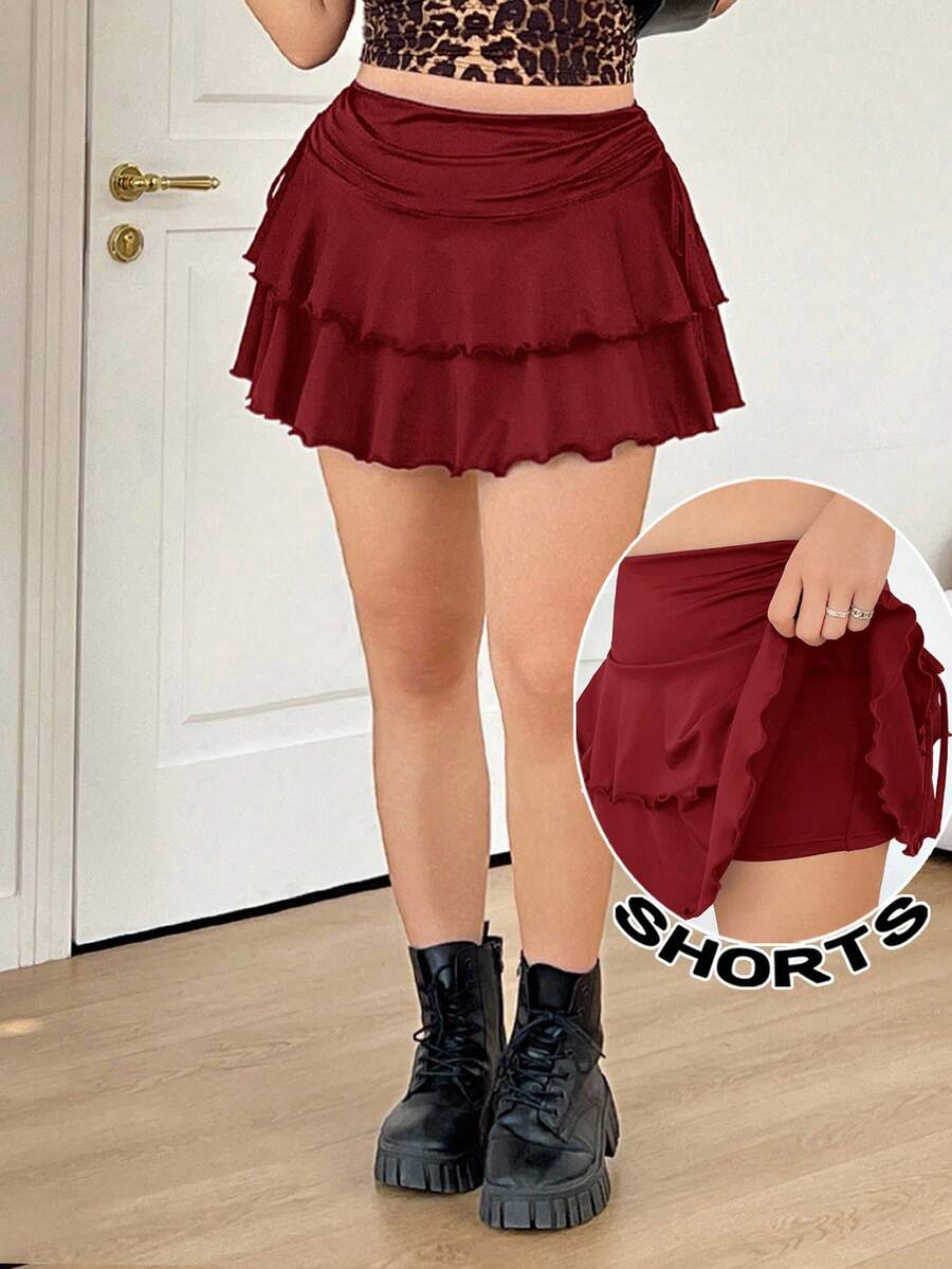 Solflare Chân váy chữ A cỡ lớn với dây rút bên hông, màu đỏ rượu vang, thích hợp cho mùa xuân/hè. - Màu Đỏ Sâu - Xem 1