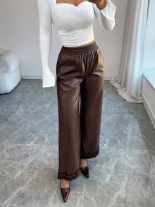 Elenzga Quần Capri ống rộng màu nâu, chất liệu da dệt, kiểu dáng thoải mái, có bèo nhún, dành cho nữ. - màu nâu - Xem 6
