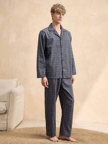 SHEIN 男士灰色格子领长袖睡衣套装 - 灰色 - 查看 1