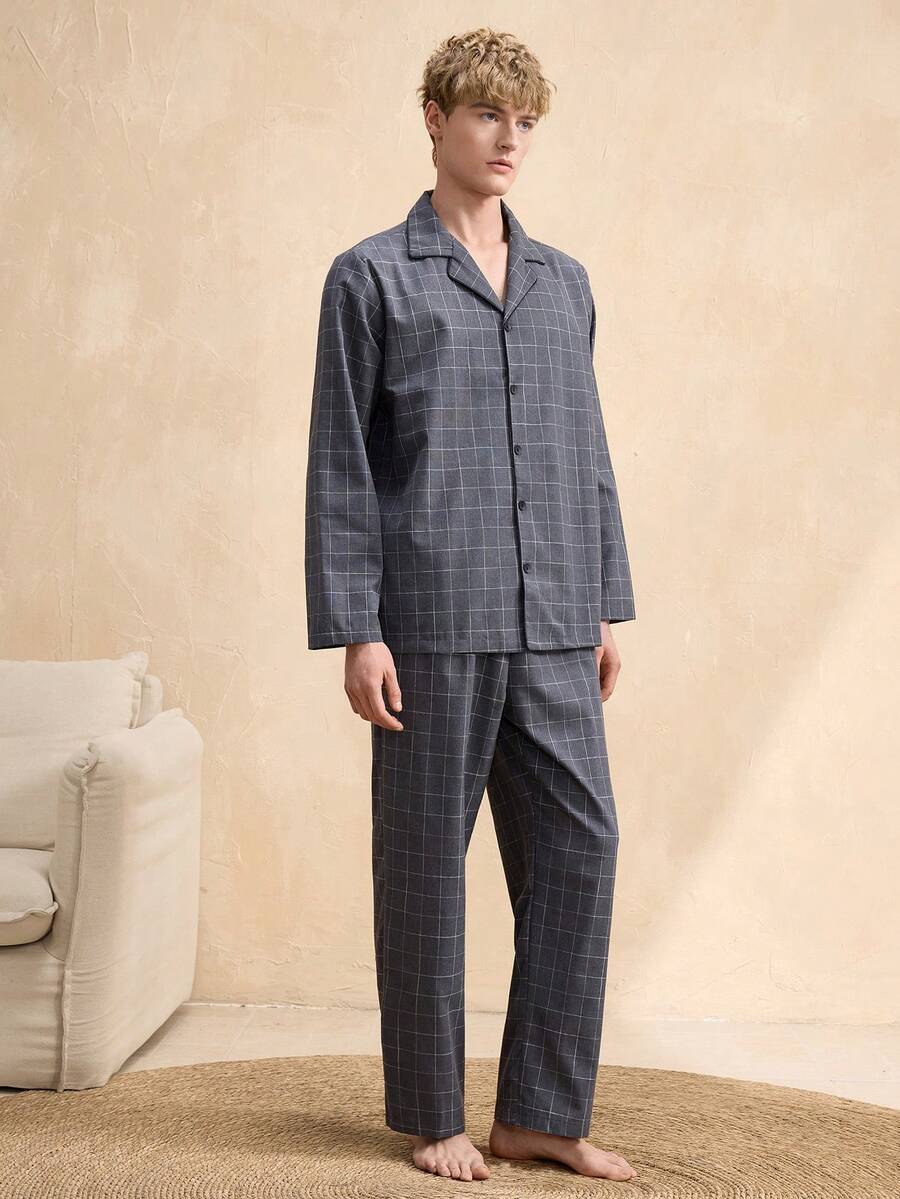 SHEIN 男士灰色格子领长袖睡衣套装 - 灰色 - 查看 1