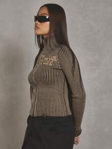 MUSERA Contrast Rib Slogan High Neck Zip Through Cardigan Cool Girl, Streetstyle, Everyday, Autumn, Winter, Varsity, 1997 Evening Party Elegant  New Year Thanksgiving - Khaki - View 3